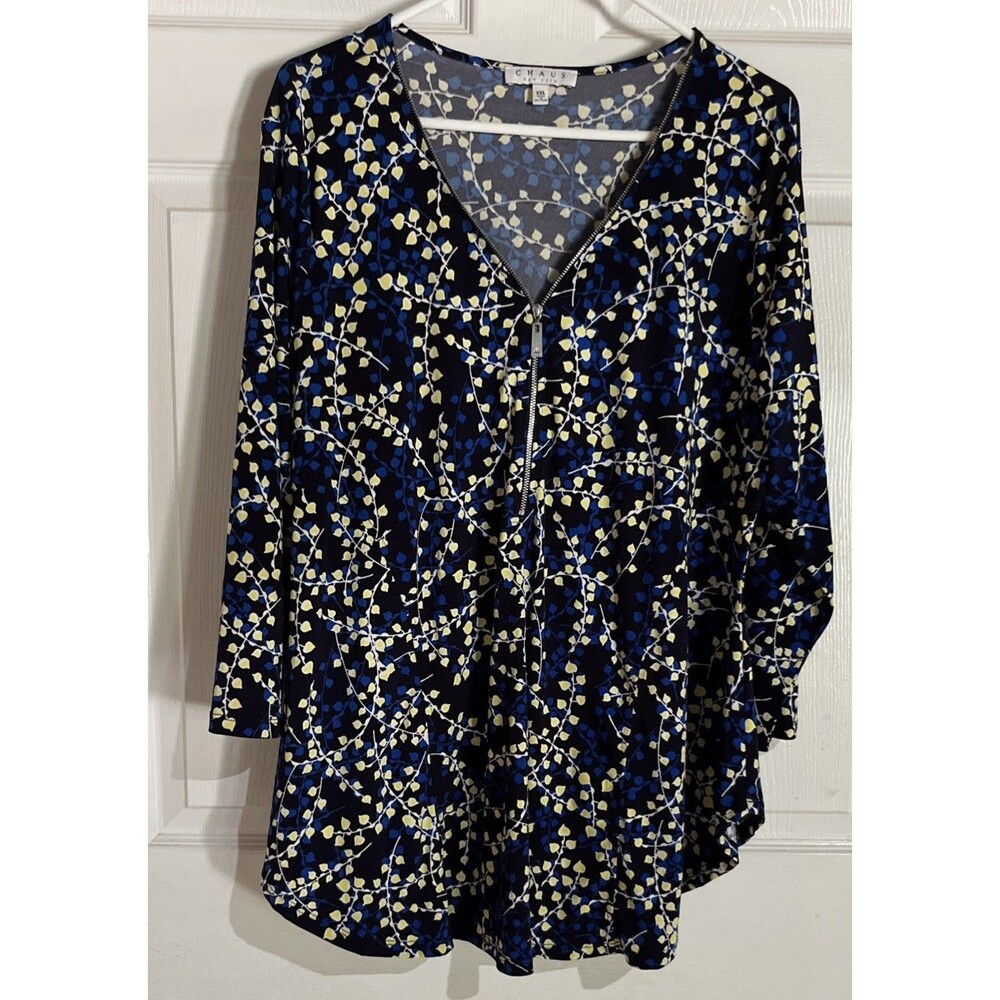 Chaus New York Blouse Women's XXL Blue Yellow Jersey Zip Neck Blouse 3/4 Sleeve